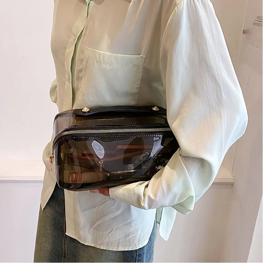 Large Capacity Transparent Makeup Bag Pillow Shape Top Handle Portable Cosmetic Pouch Zipper Closure Easy Carry-On