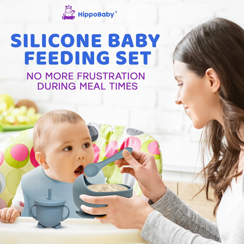 10 Piece Silicone Baby Feeding Set with Bib, Cup, Divided Plate, Bowl, and Self-Feeding Spoons (Sky)