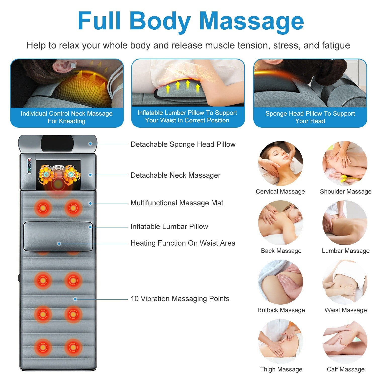 Full Body Electric Massage Mat W/Heat Vibration Massage Pad Cushion Back Massage
