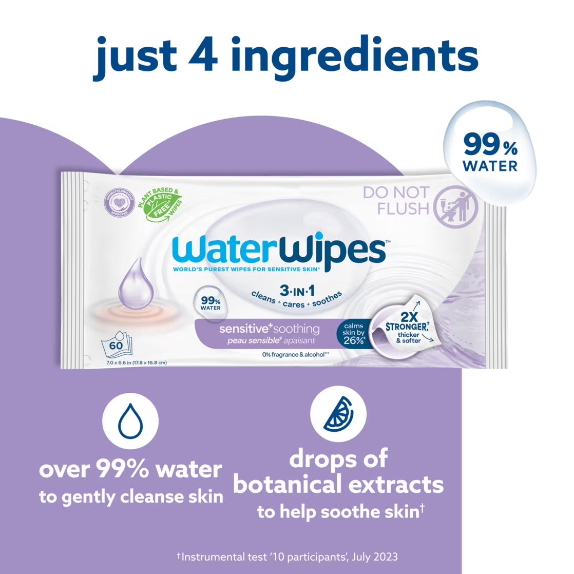 Sensitive Soothing Wipes, 3-In-1 Cleans, Cares, Soothes, 99% Water with Botanical Extract, Unscented & Hypoallergenic Baby Wipes, 4 Packs (240 Wipes)