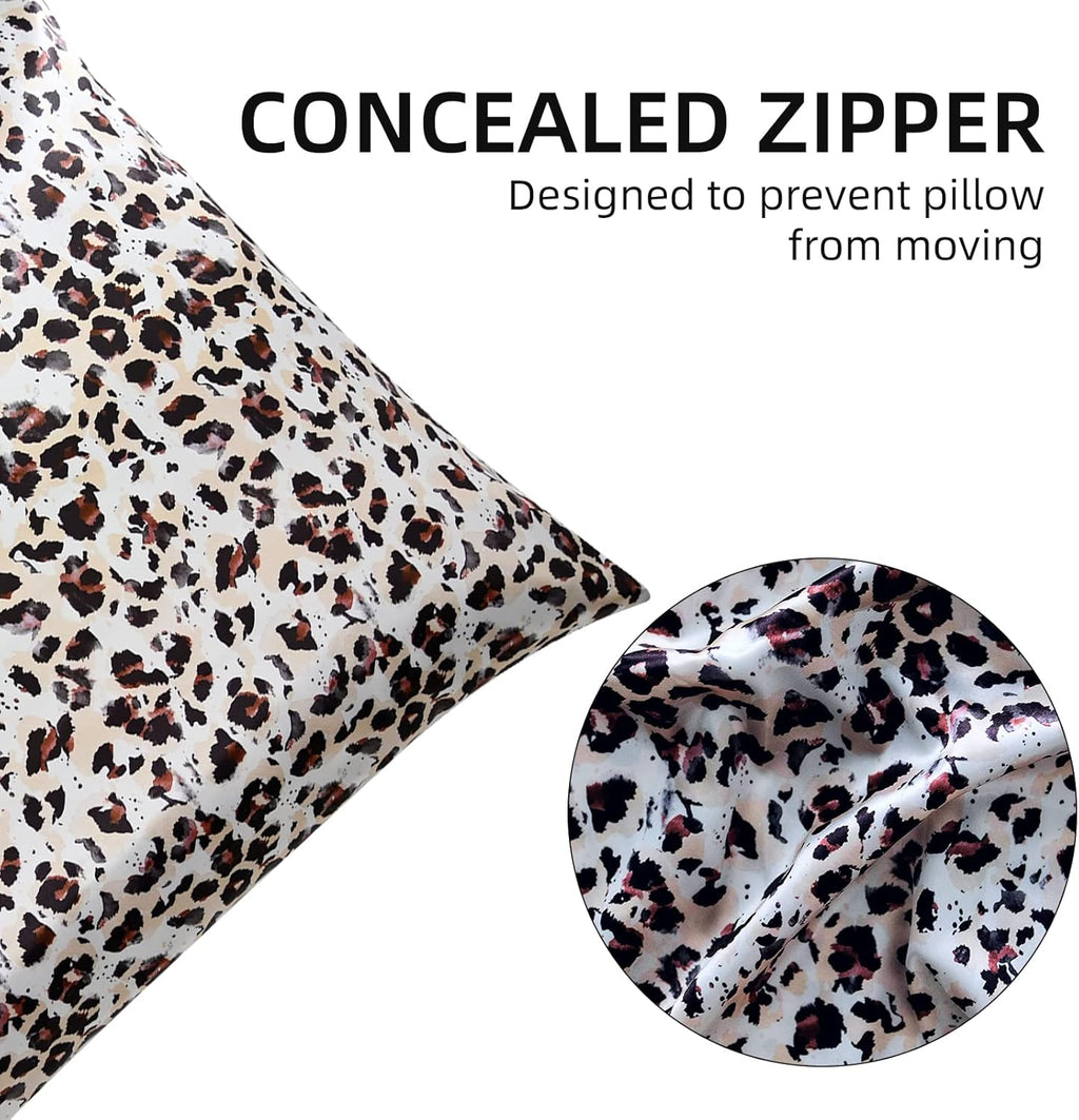 Elegant Luxury Satin Silk Pillowcase for Hair and Skin, Vegan Silk Pillowcase Cover Set with Hiden Zipper with Eye Mask and Scrunchie, Standard Size, Leopard
