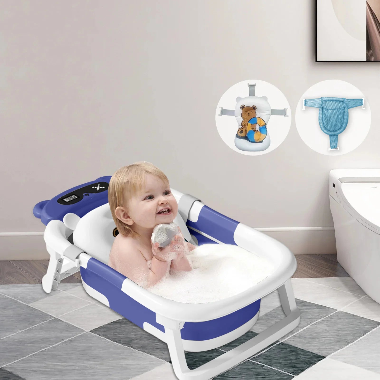 Collapsible Baby Bathtub, Plastic Baby Bath Tub with Soft Cushion & Thermometer（Blue）