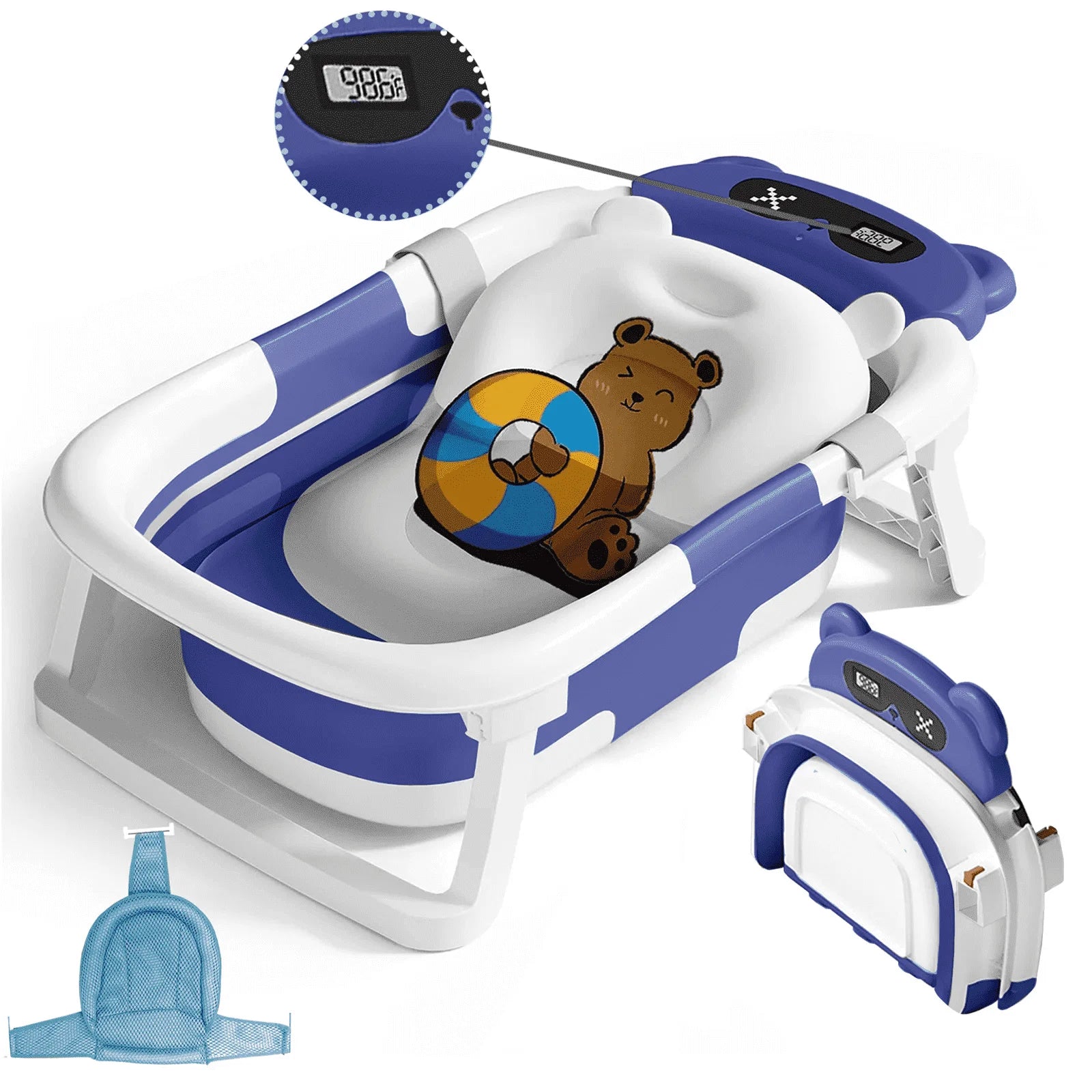 Collapsible Baby Bathtub, Plastic Baby Bath Tub with Soft Cushion & Thermometer（Blue）