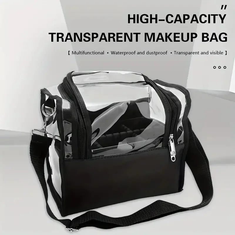 Professional Makeup Artist Travel  Clear Case Waterproof Cosmetic Organizer Bag, Makeup Brush Bag, with Adjustable Strap and Dividers . Waterproof Cosmetic Organizer.