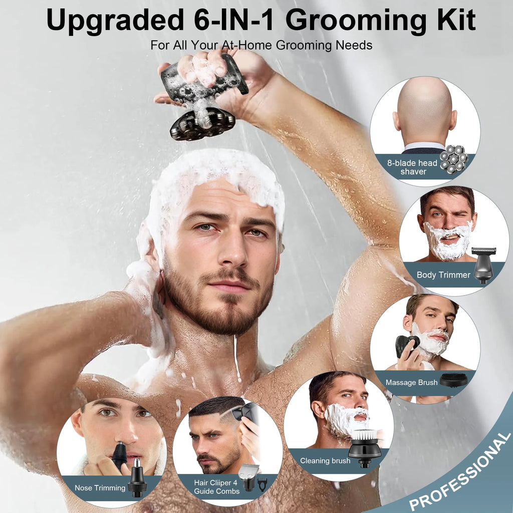 Head Shavers for Bald Men, 8D Rotary Detachable Balder Shavers 6-In-1, IPX7 Waterproof Dry Wet Rechargeable Electric Razor Grooming Kit for Men