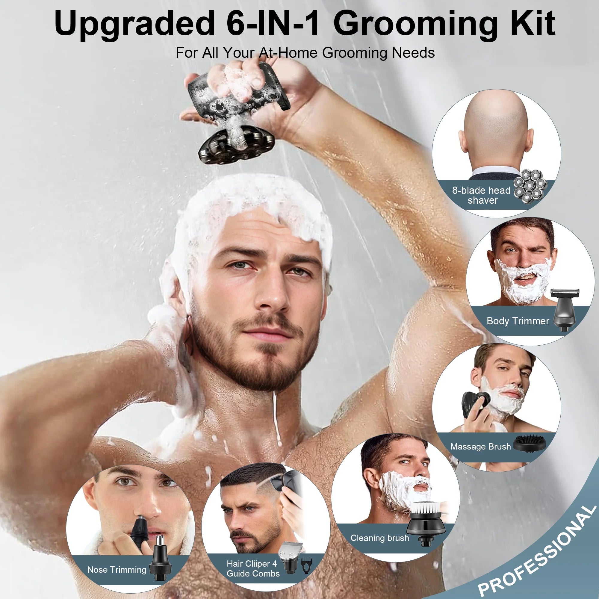 Head Shavers for Bald Men, 8D Rotary Detachable Balder Shavers 6-In-1, IPX7 Waterproof Dry Wet Rechargeable Electric Razor Grooming Kit for Men