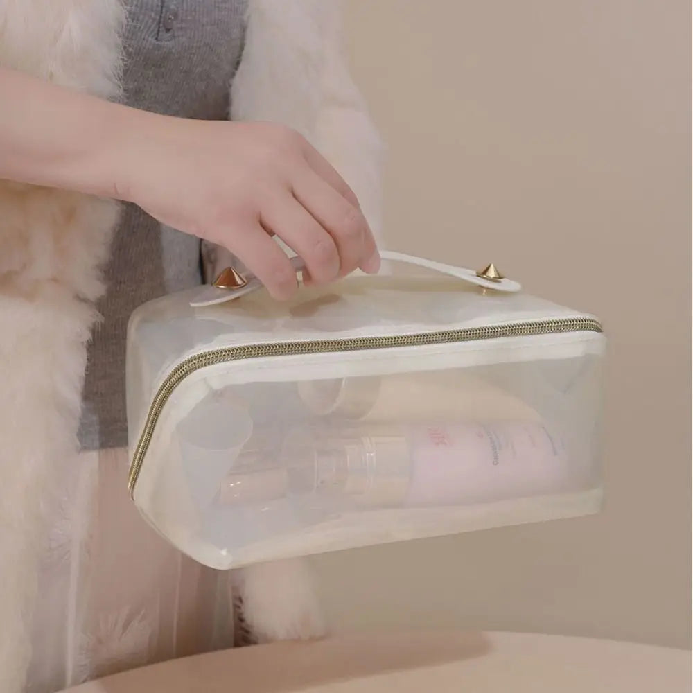 Large Capacity Transparent Makeup Bag Pillow Shape Top Handle Portable Cosmetic Pouch Zipper Closure Easy Carry-On