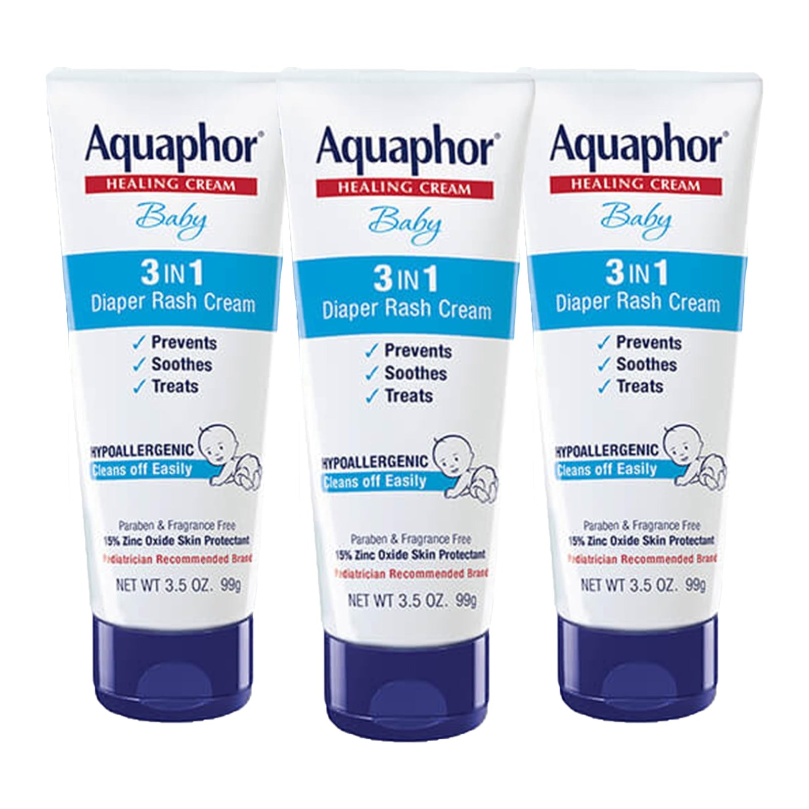 Aquaphor Baby Diaper Rash Cream 3 in 1 Zinc Oxide Formula 3.5 Ounce Pack of 3