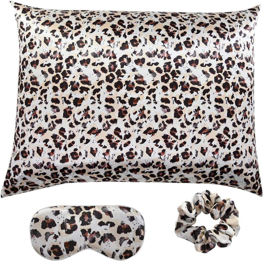 Elegant Luxury Satin Silk Pillowcase for Hair and Skin, Vegan Silk Pillowcase Cover Set with Hiden Zipper with Eye Mask and Scrunchie, Standard Size, Leopard