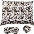 Elegant Luxury Satin Silk Pillowcase for Hair and Skin, Vegan Silk Pillowcase Cover Set with Hiden Zipper with Eye Mask and Scrunchie, Standard Size, Leopard
