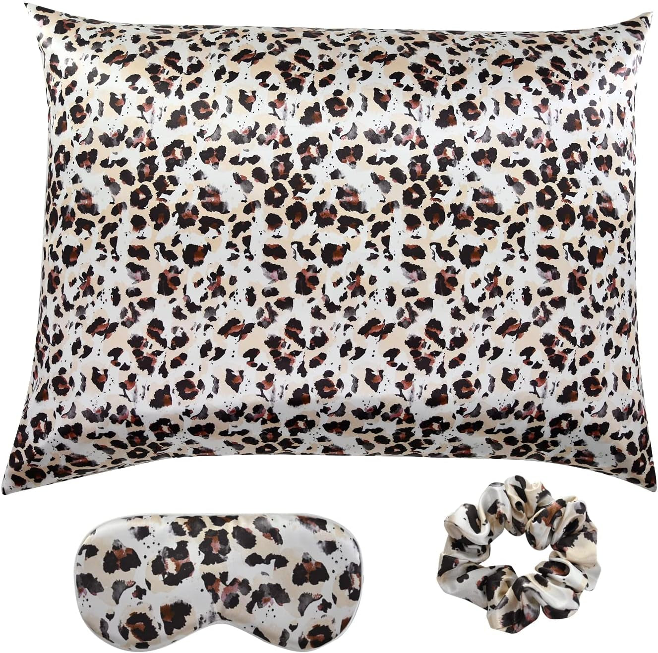 Elegant Luxury Satin Silk Pillowcase for Hair and Skin, Vegan Silk Pillowcase Cover Set with Hiden Zipper with Eye Mask and Scrunchie, Standard Size, Leopard