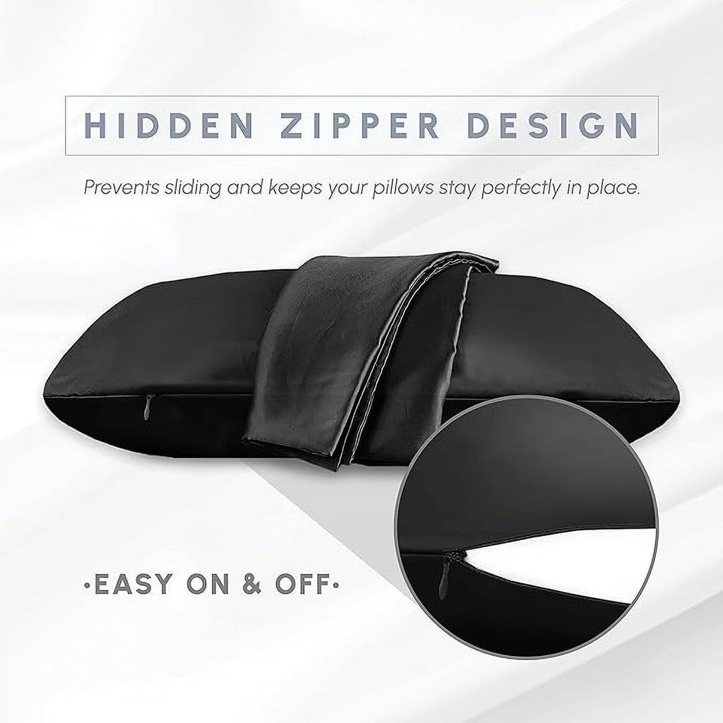 2 PACK Cooling Viscose Satin Pillowcase Set with Hidden Zipper Closure, Standard/Queen, Black