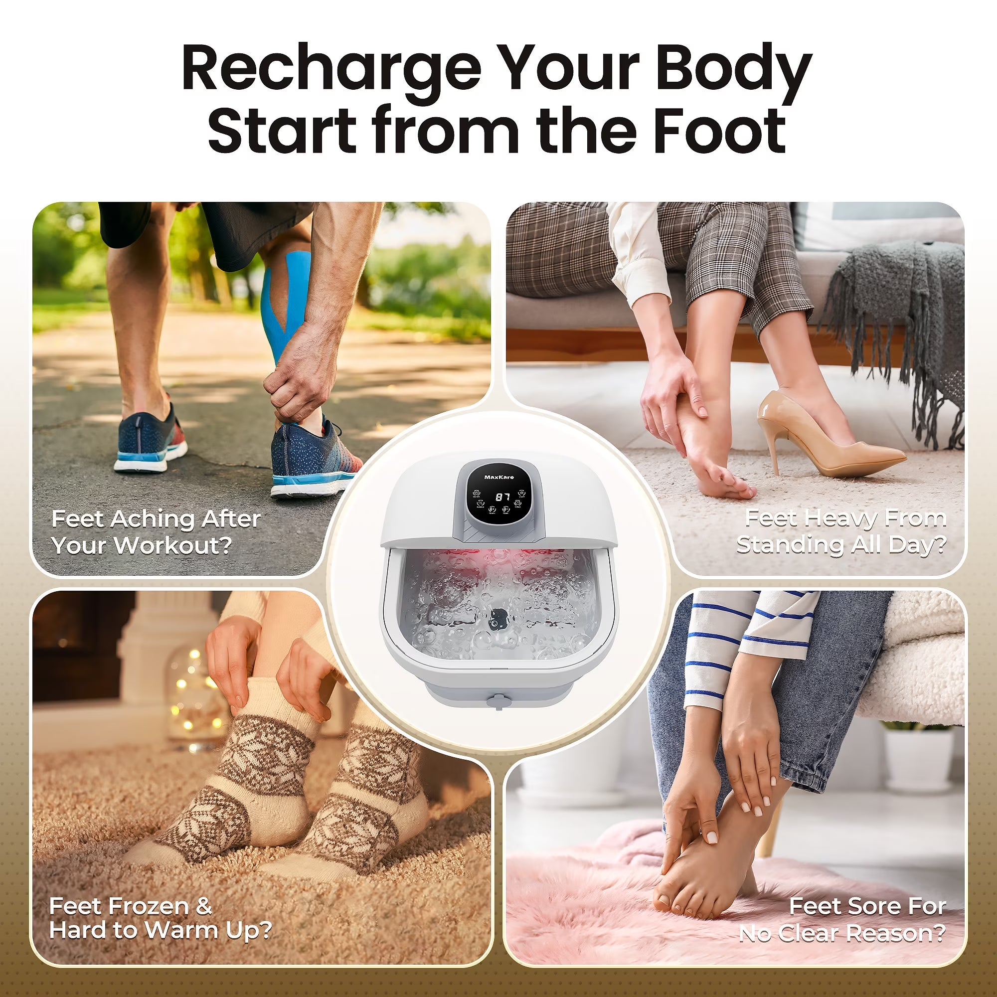 Collapsible Foot Spa with Massager and Heat, Foot Spa Massager with Bubble Heat, Gray