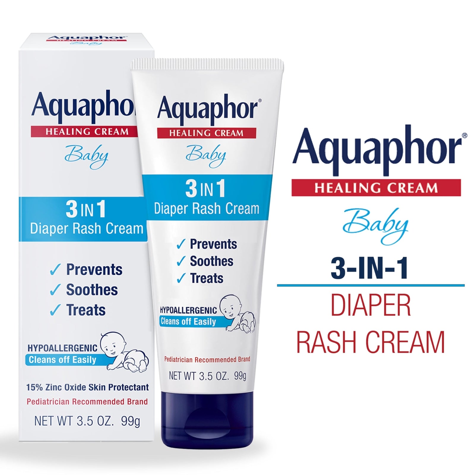Aquaphor Baby Diaper Rash Cream 3 in 1 Zinc Oxide Formula 3.5 Ounce Pack of 3