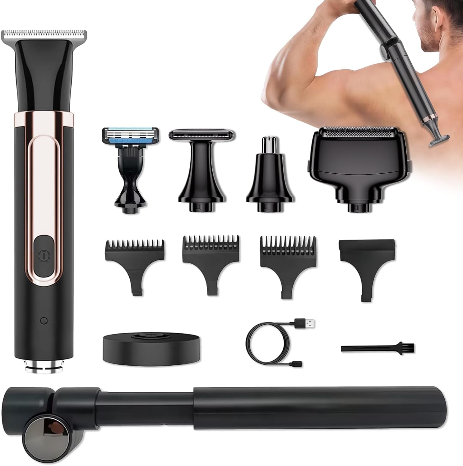 Back Shaver for Men, 5-In-1 Electric Back Hair Removal Razor with Adjustable Extension Handle, Body Hair Trimmer Grooming Kit for Wet or Dry Shaving,Rechargeable,Waterproof (Black)