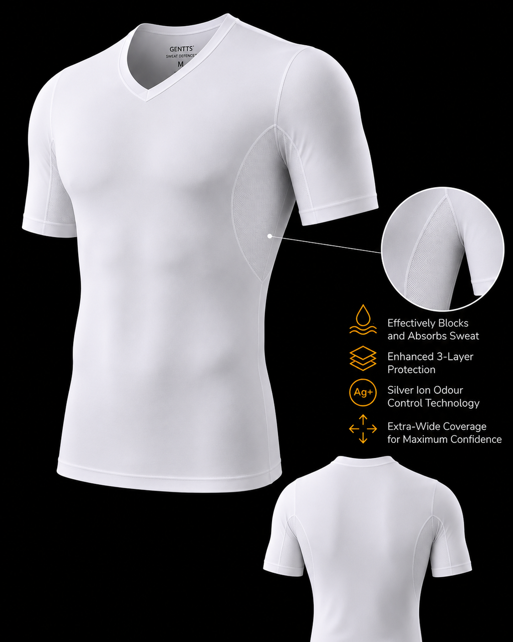 Gentts Sweat Defence Undershirt, V-Neck. Underarm Sweat Proof Shirt. Top quality.