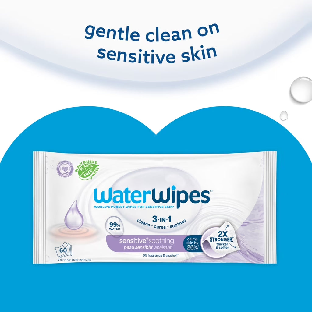 Sensitive Soothing Wipes, 3-In-1 Cleans, Cares, Soothes, 99% Water with Botanical Extract, Unscented & Hypoallergenic Baby Wipes, 4 Packs (240 Wipes)