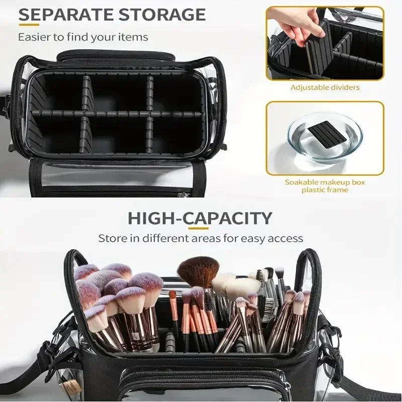 Professional Makeup Artist Travel  Clear Case Waterproof Cosmetic Organizer Bag, Makeup Brush Bag, with Adjustable Strap and Dividers . Waterproof Cosmetic Organizer.