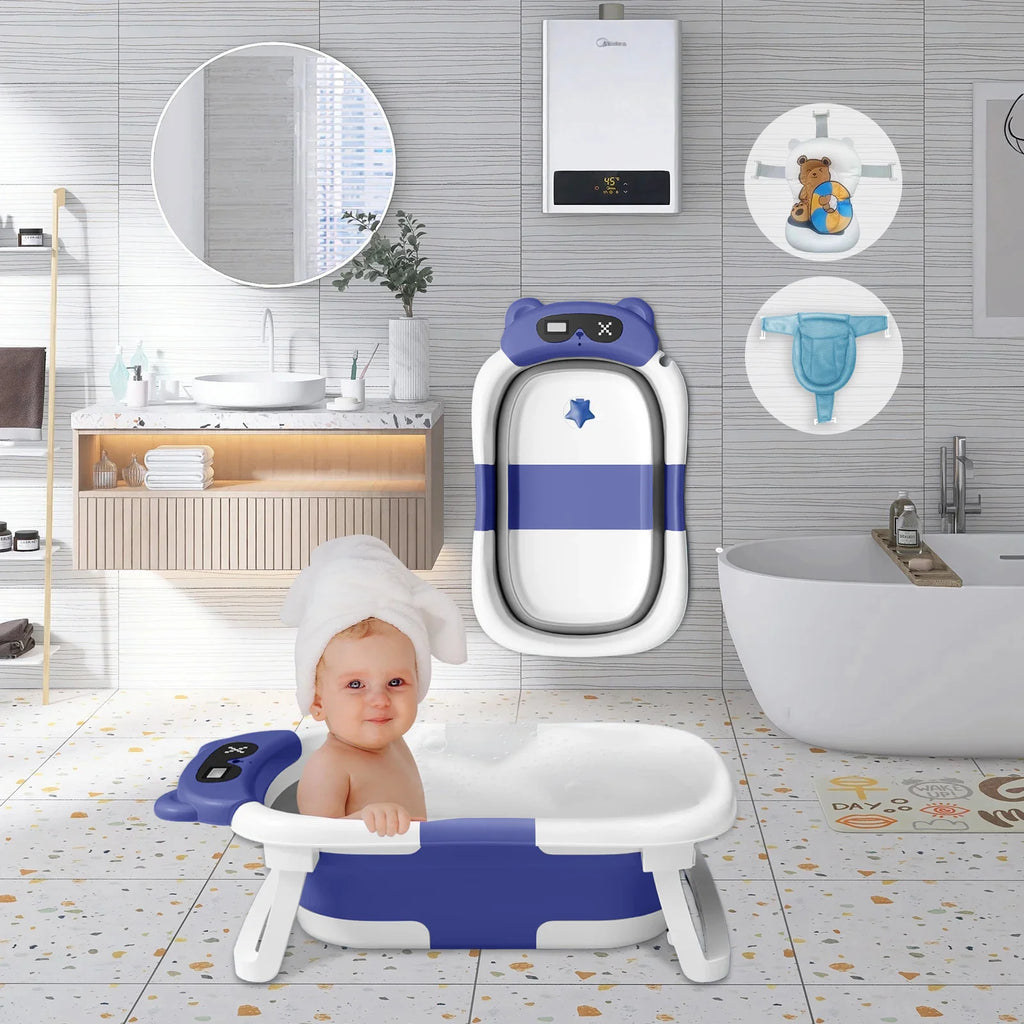 Collapsible Baby Bathtub, Plastic Baby Bath Tub with Soft Cushion & Thermometer（Blue）