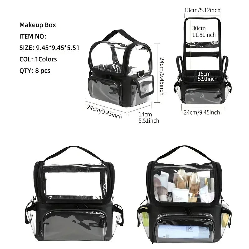 Professional Makeup Artist Travel  Clear Case Waterproof Cosmetic Organizer Bag, Makeup Brush Bag, with Adjustable Strap and Dividers . Waterproof Cosmetic Organizer.
