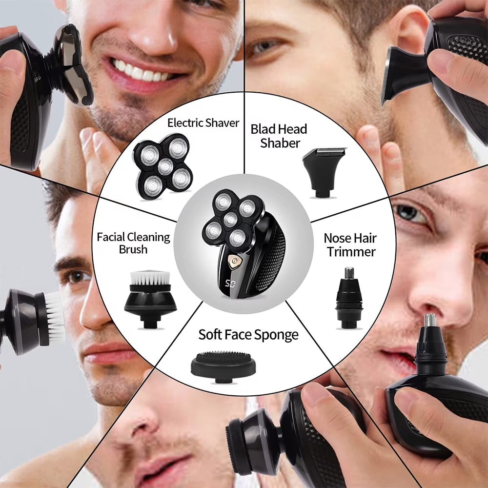 5 in 1 Cordless Head Shavers for Men, Electric Razor for a Perfect Bald Wet/Dry Grooming Kit, Rechargeable 5D Rotary Shaver, Black