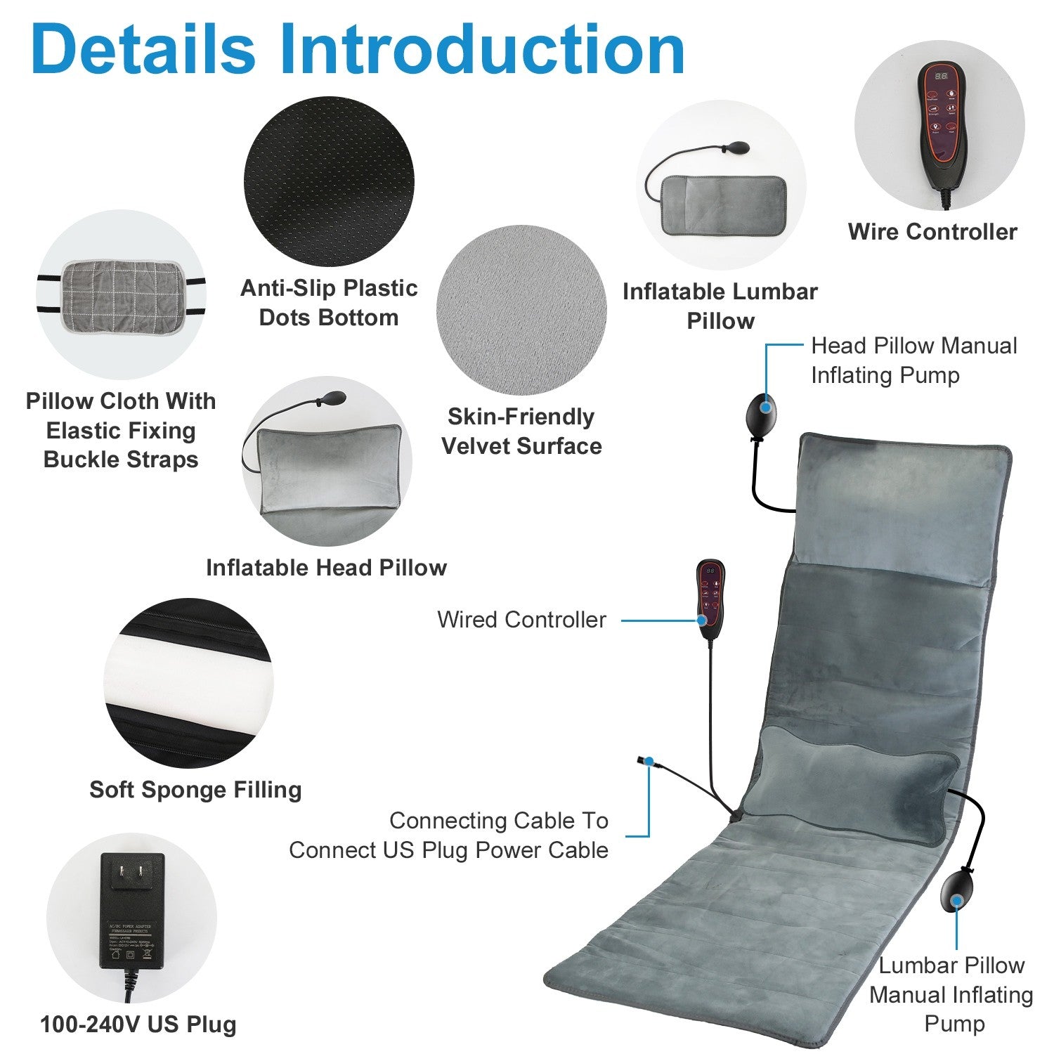 Full Body Electric Massage Mat W/Heat Vibration Massage Pad Cushion Back Massage