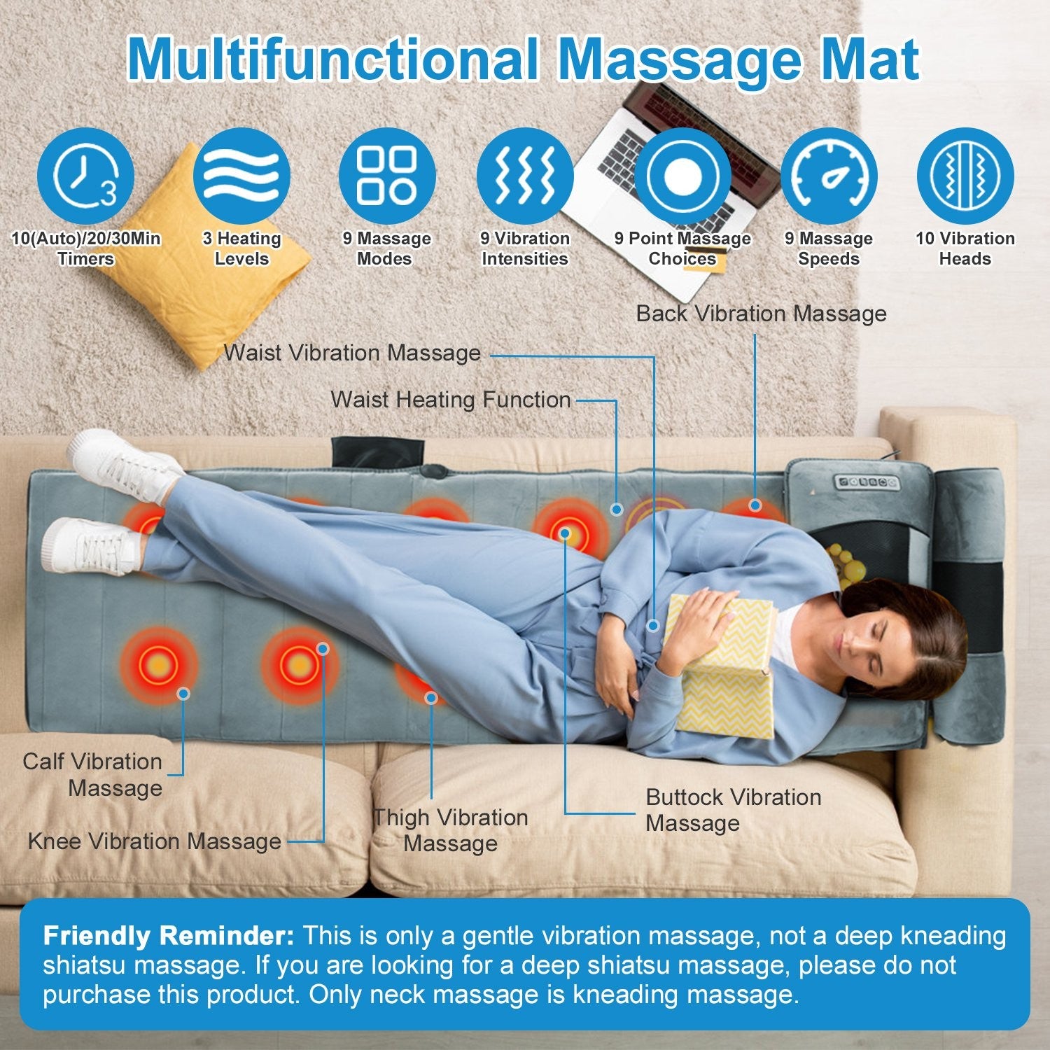 Full Body Electric Massage Mat W/Heat Vibration Massage Pad Cushion Back Massage