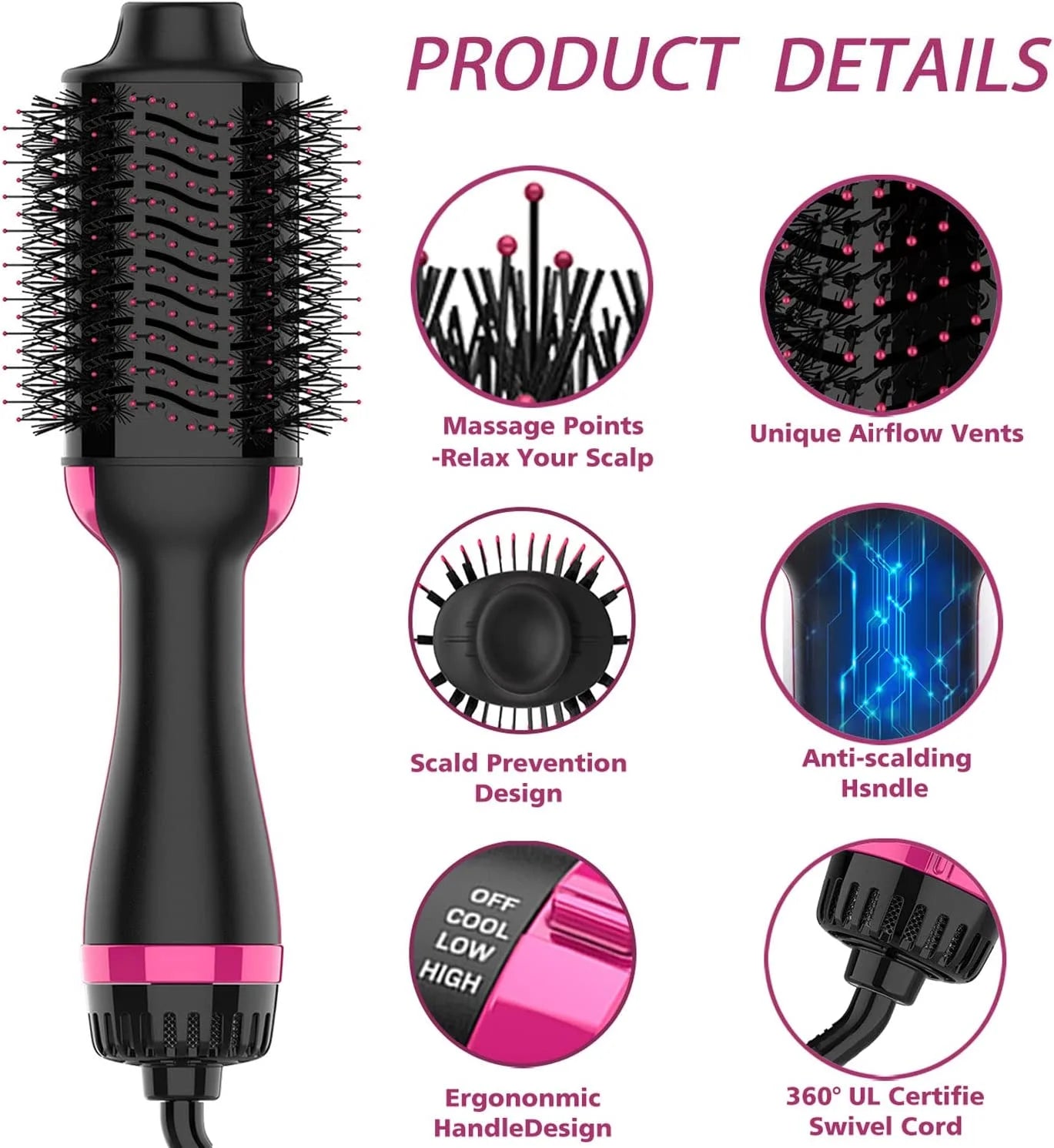 Hair Dryer Brush,Hot Air Brush,4 in 1 One Step Hair Dryer and Styler Volumizer with Negative Ion for Drying, 3 Heating Levels,Ceramic Heating (PTC) Technology, for All Hair Types