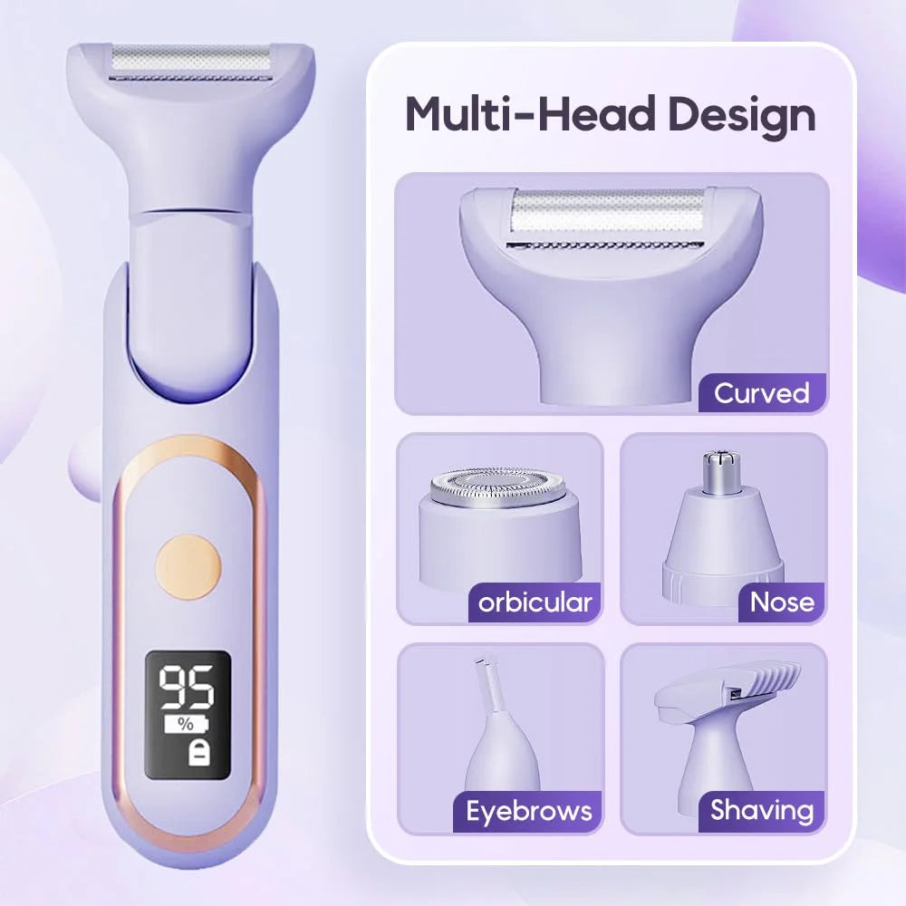 5-In-1 Electric Razor & Shaver for Women, Painless Hair Remover & Epilator with LED Display, Rechargeable Cordless Bikini Hair Trimmer for Face, Legs, Underarms, Eyebrows & Body