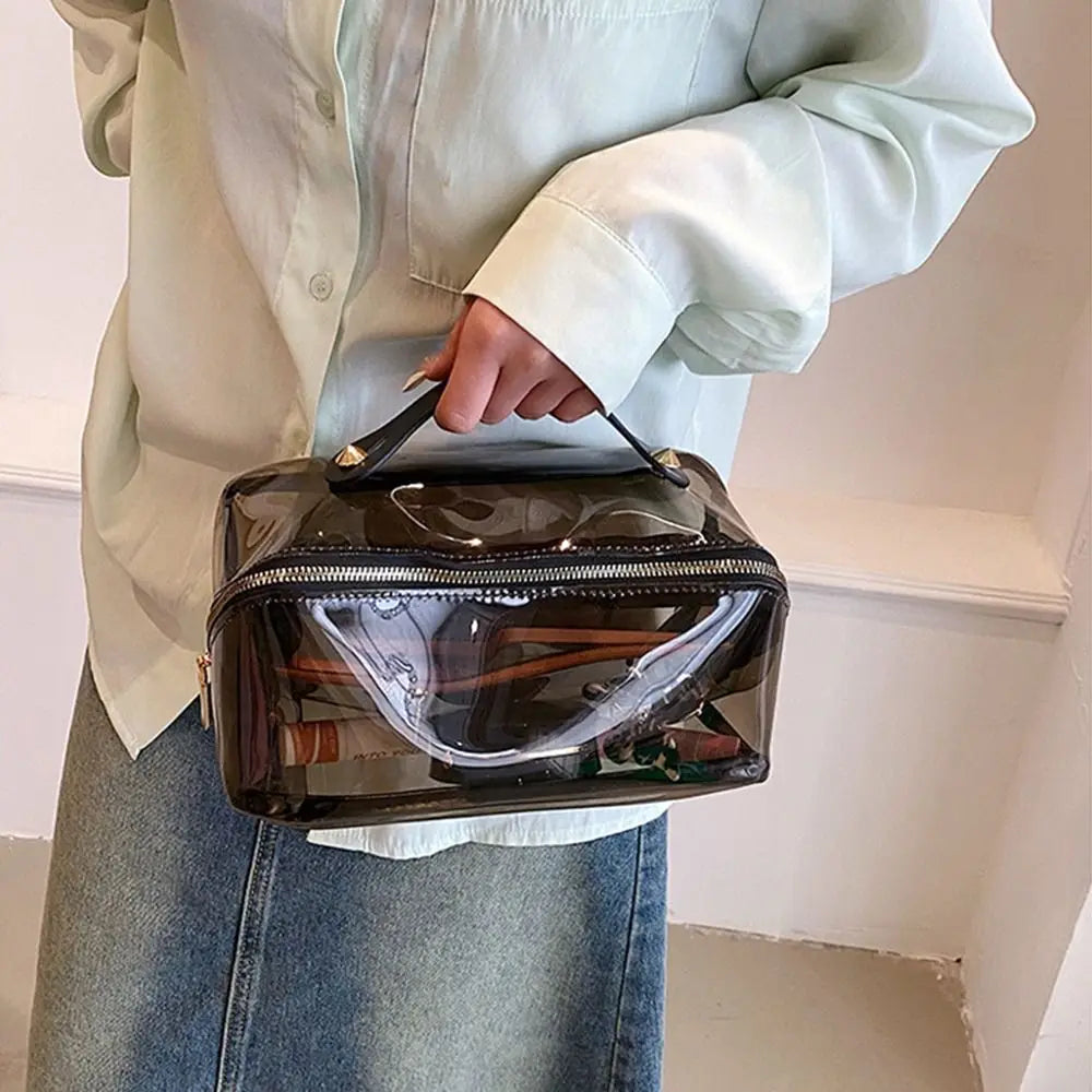 Large Capacity Transparent Makeup Bag Pillow Shape Top Handle Portable Cosmetic Pouch Zipper Closure Easy Carry-On