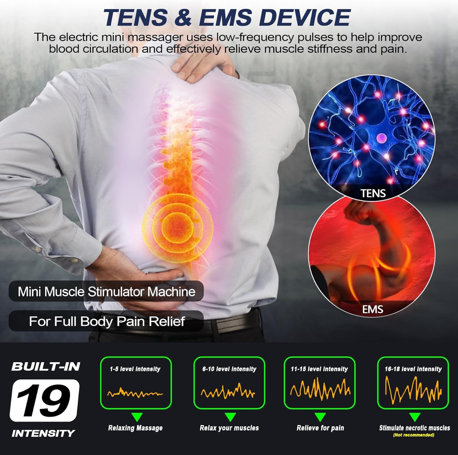 Intelligent Wireless TENS Unit Muscle Stimulator TENS & EMS Device, Electronic Pulse Rechargeable Deep Tissue Mini Body Massager Machine for Back Shoulder Leg Neck Pain Relief