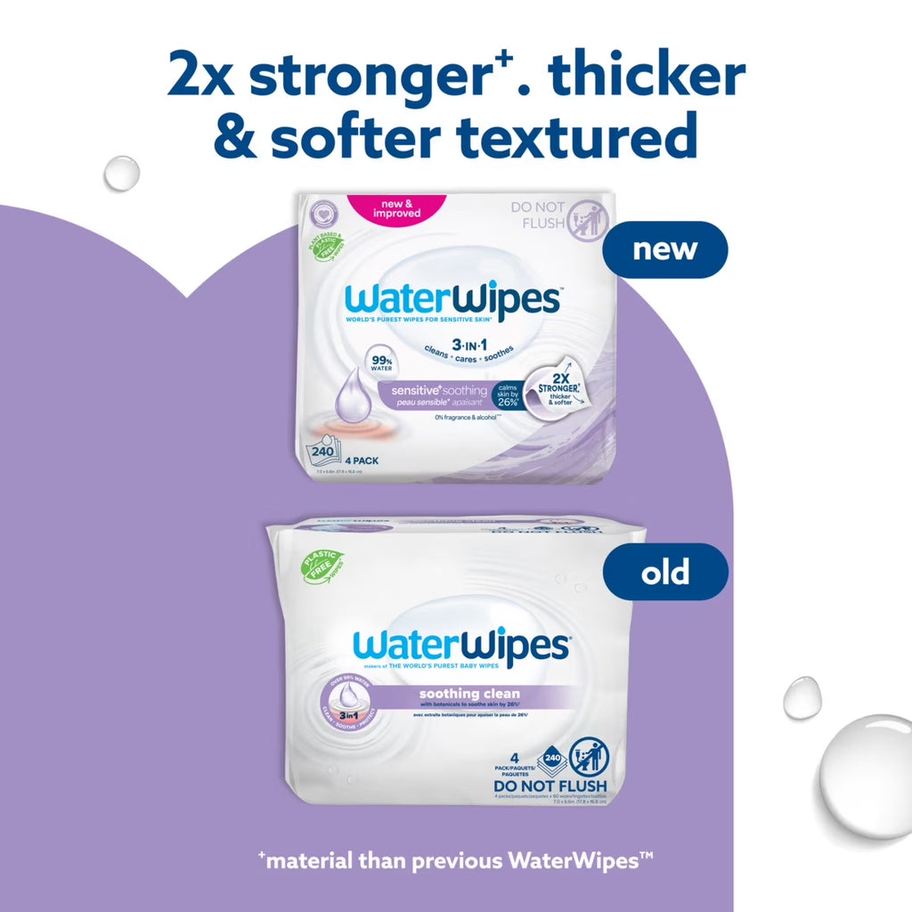 Sensitive Soothing Wipes, 3-In-1 Cleans, Cares, Soothes, 99% Water with Botanical Extract, Unscented & Hypoallergenic Baby Wipes, 4 Packs (240 Wipes)