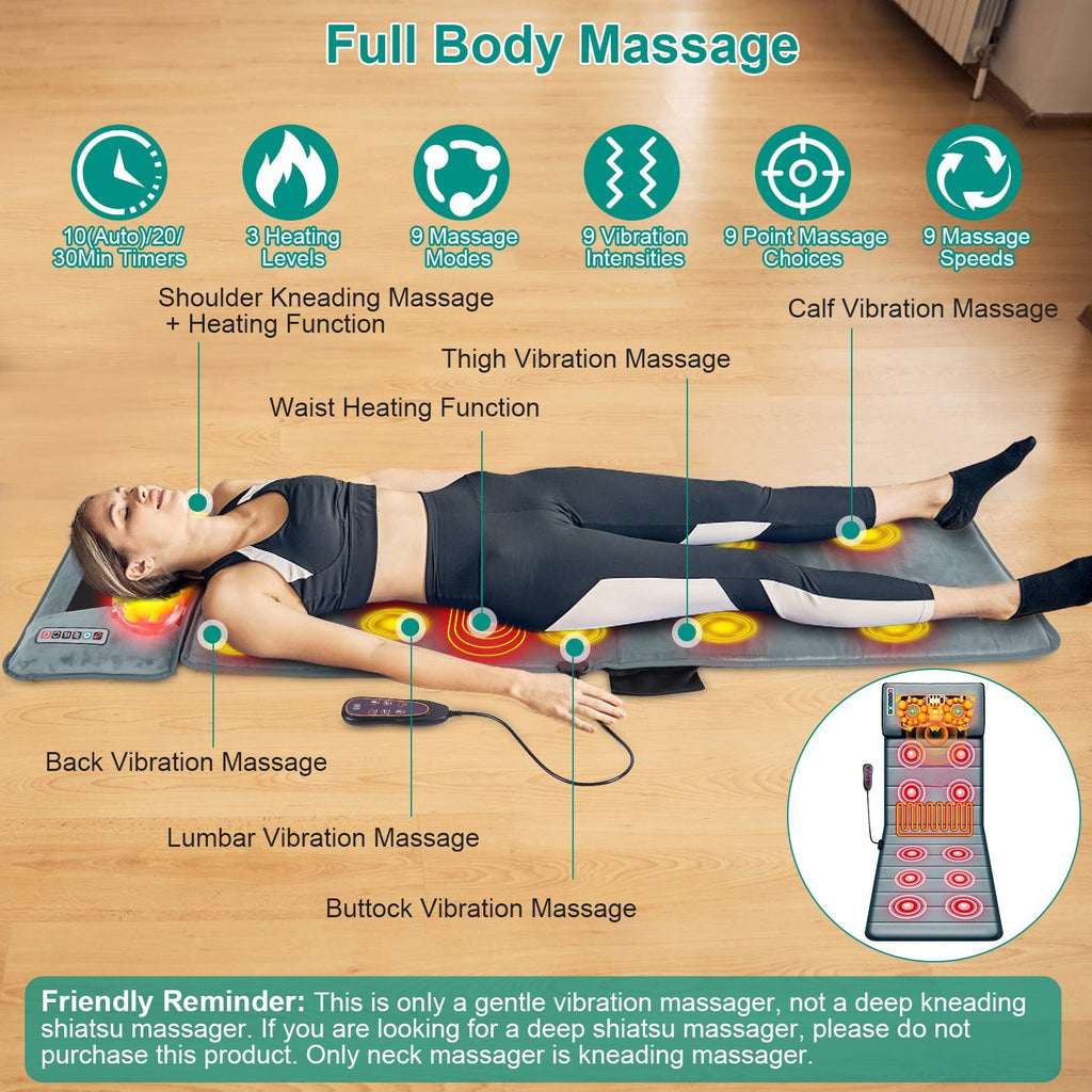 Full Body Electric Massage Mat W/Heat Vibration Massage Pad Cushion Back Massage