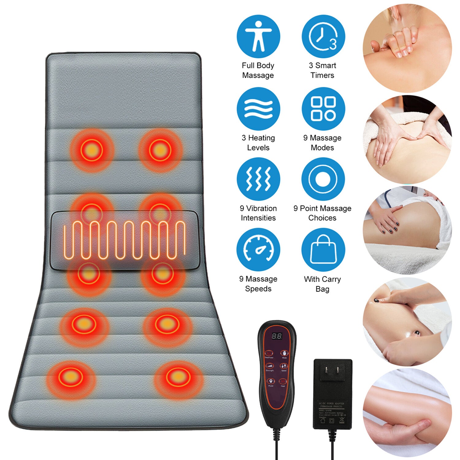 Full Body Electric Massage Mat W/Heat Vibration Massage Pad Cushion Back Massage