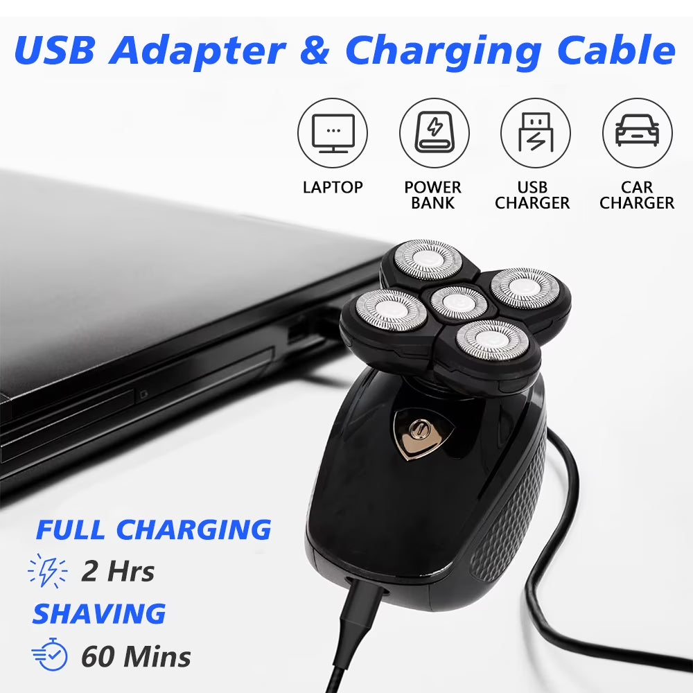 5 in 1 Cordless Head Shavers for Men, Electric Razor for a Perfect Bald Wet/Dry Grooming Kit, Rechargeable 5D Rotary Shaver, Black