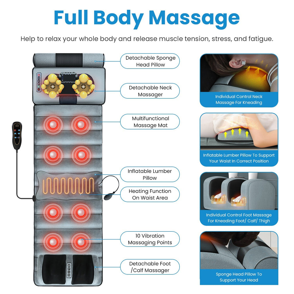 Full Body Electric Massage Mat W/Heat Vibration Massage Pad Cushion Back Massage