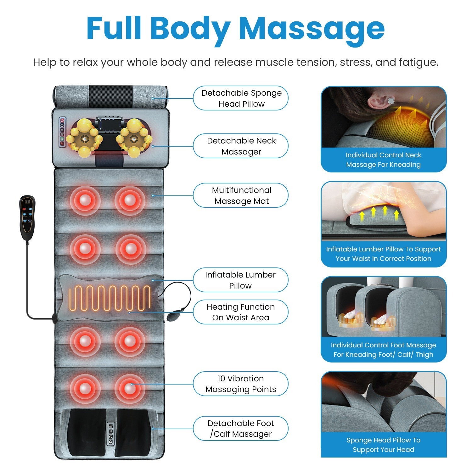 Full Body Electric Massage Mat W/Heat Vibration Massage Pad Cushion Back Massage