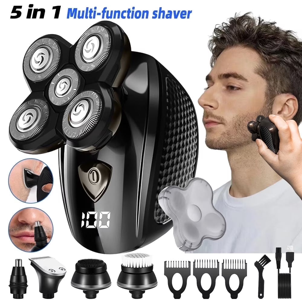 5 in 1 Cordless Head Shavers for Men, Electric Razor for a Perfect Bald Wet/Dry Grooming Kit, Rechargeable 5D Rotary Shaver, Black