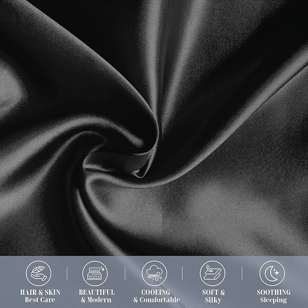 2 PACK Cooling Viscose Satin Pillowcase Set with Hidden Zipper Closure, Standard/Queen, Black