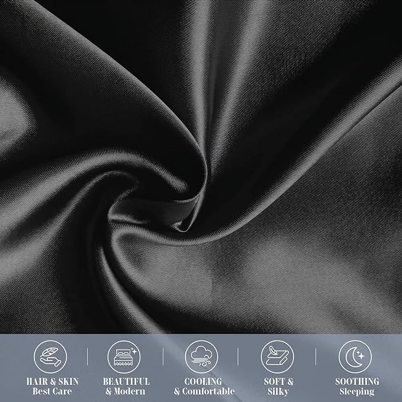 2 PACK Cooling Viscose Satin Pillowcase Set with Hidden Zipper Closure, Standard/Queen, Black