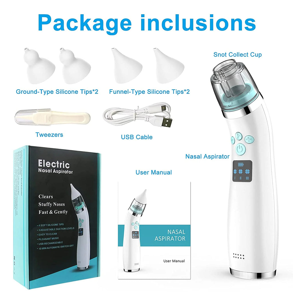 Baby Nasal Aspirator - Electric Music Infant Nose Nasal Aspirator - Automatic Booger Mucus Remove Cleaner for Newborn Kid with 4 Replacement Nozzles - 3 Suction Power Adjustable - USB Charging