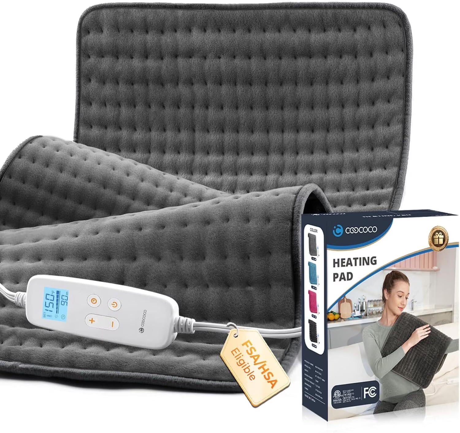 33"X17" Large Electric Heating Pad for Back Neck Shoulders Muscle Pain, Cramps Relief with Auto Shut Off, 3 Timer, 6 Temp Controller, Gifts