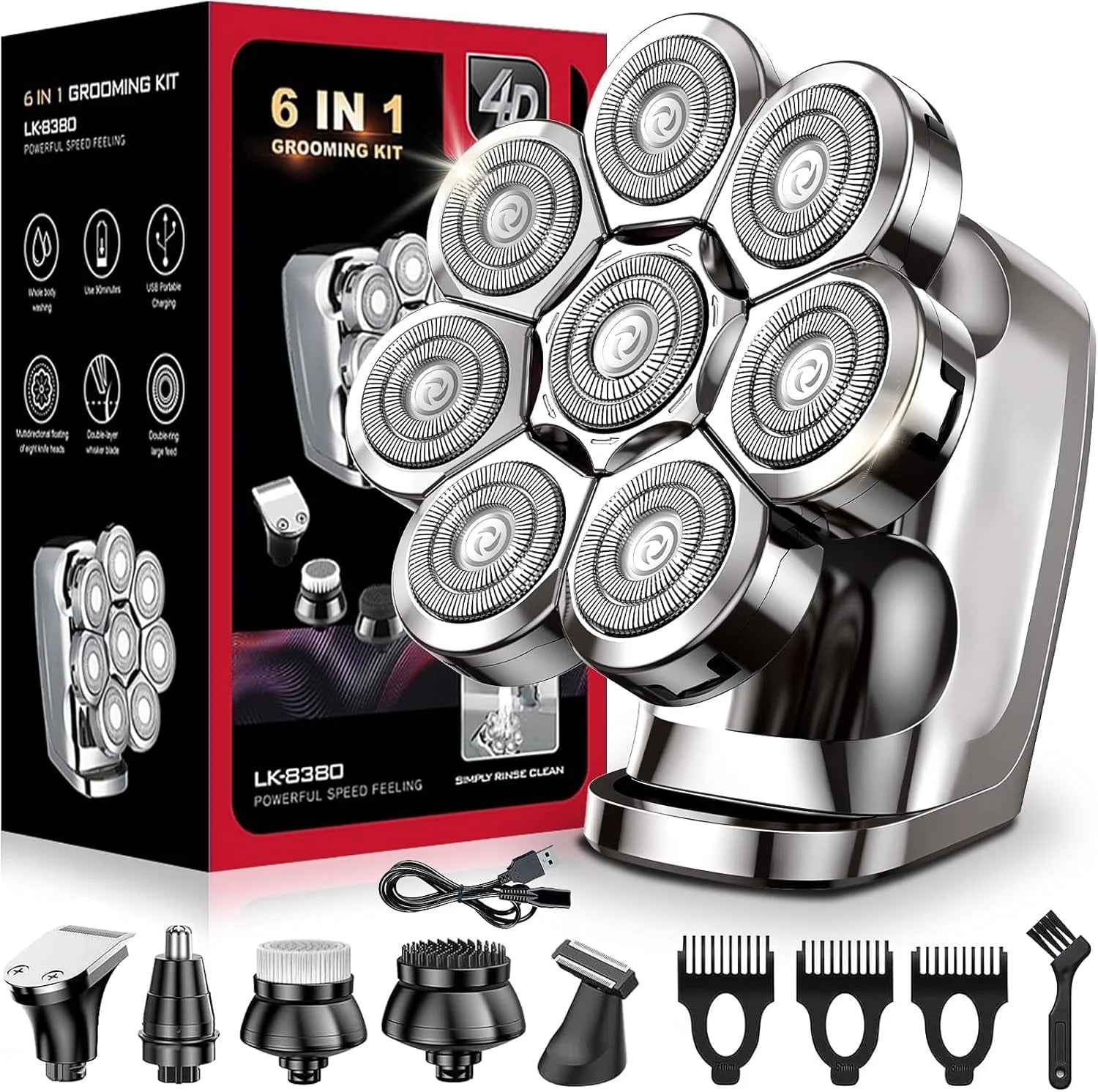 Head Shavers for Bald Men, 8D Rotary Detachable Balder Shavers 6-In-1, IPX7 Waterproof Dry Wet Rechargeable Electric Razor Grooming Kit for Men
