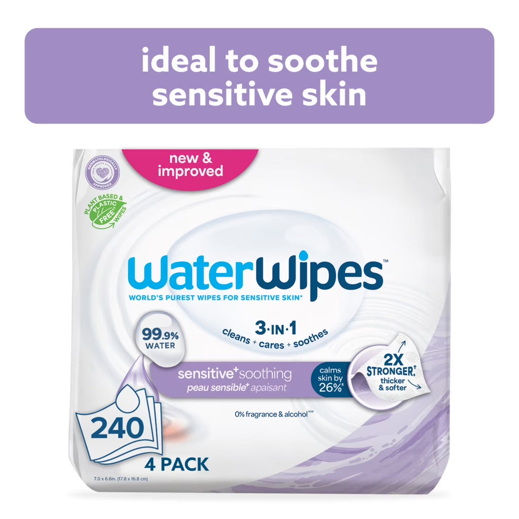 Sensitive Soothing Wipes, 3-In-1 Cleans, Cares, Soothes, 99% Water with Botanical Extract, Unscented & Hypoallergenic Baby Wipes, 4 Packs (240 Wipes)