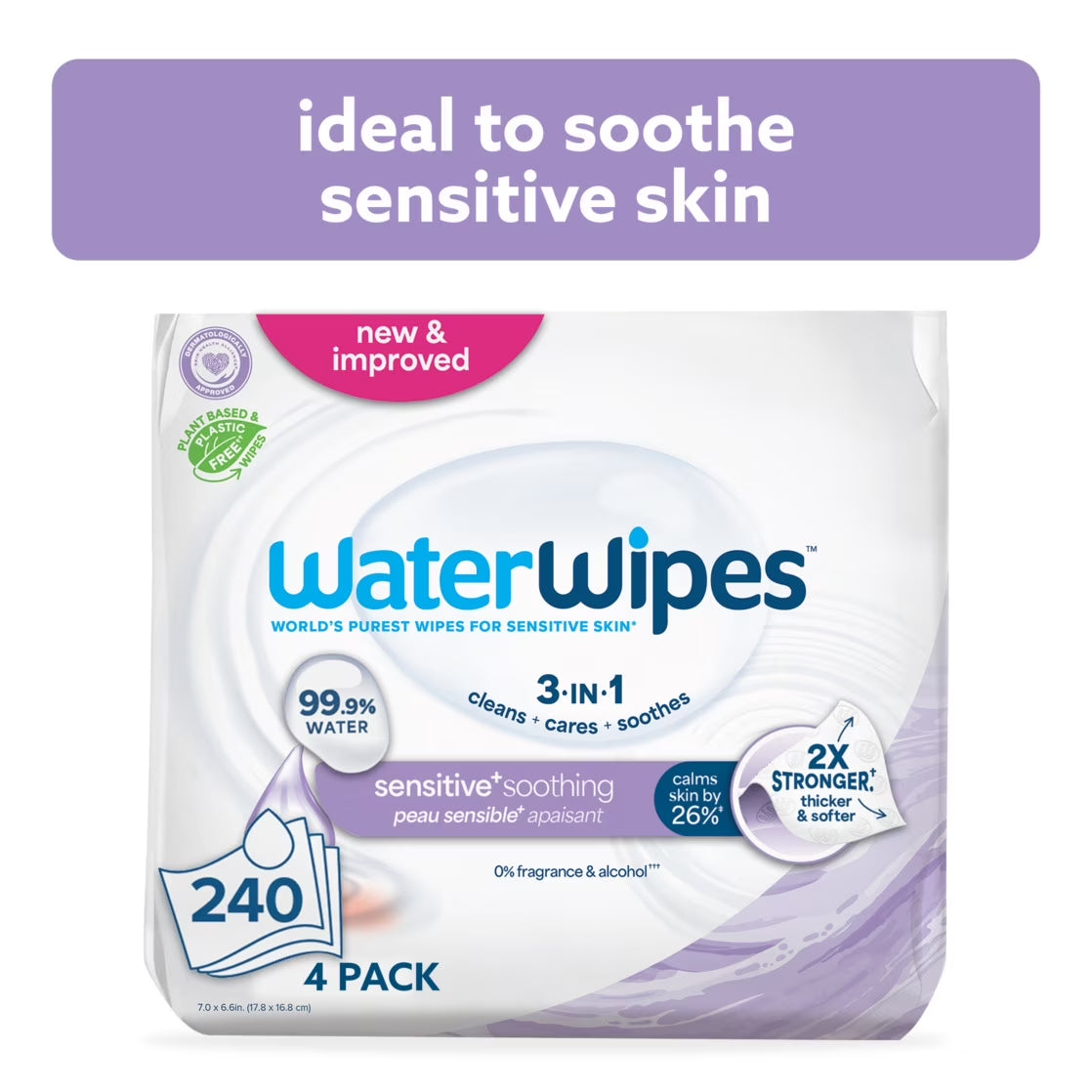 Sensitive Soothing Wipes, 3-In-1 Cleans, Cares, Soothes, 99% Water with Botanical Extract, Unscented & Hypoallergenic Baby Wipes, 4 Packs (240 Wipes)