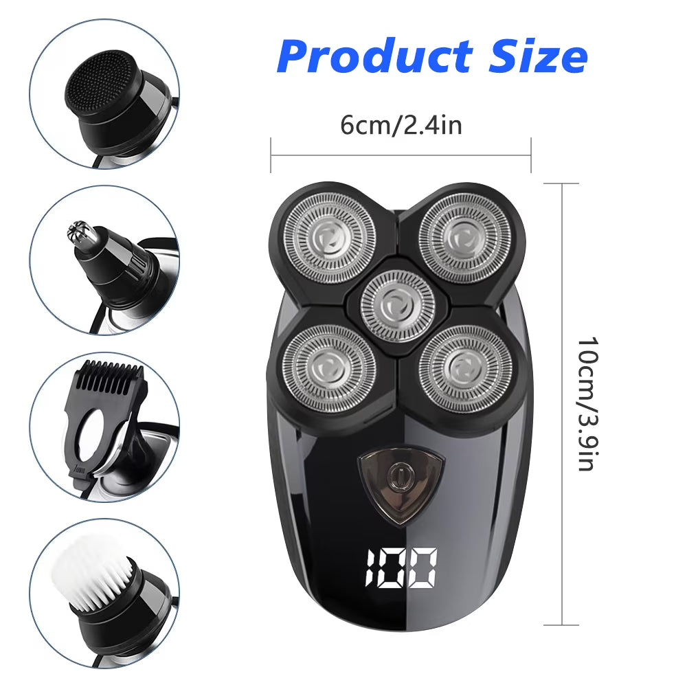 5 in 1 Cordless Head Shavers for Men, Electric Razor for a Perfect Bald Wet/Dry Grooming Kit, Rechargeable 5D Rotary Shaver, Black
