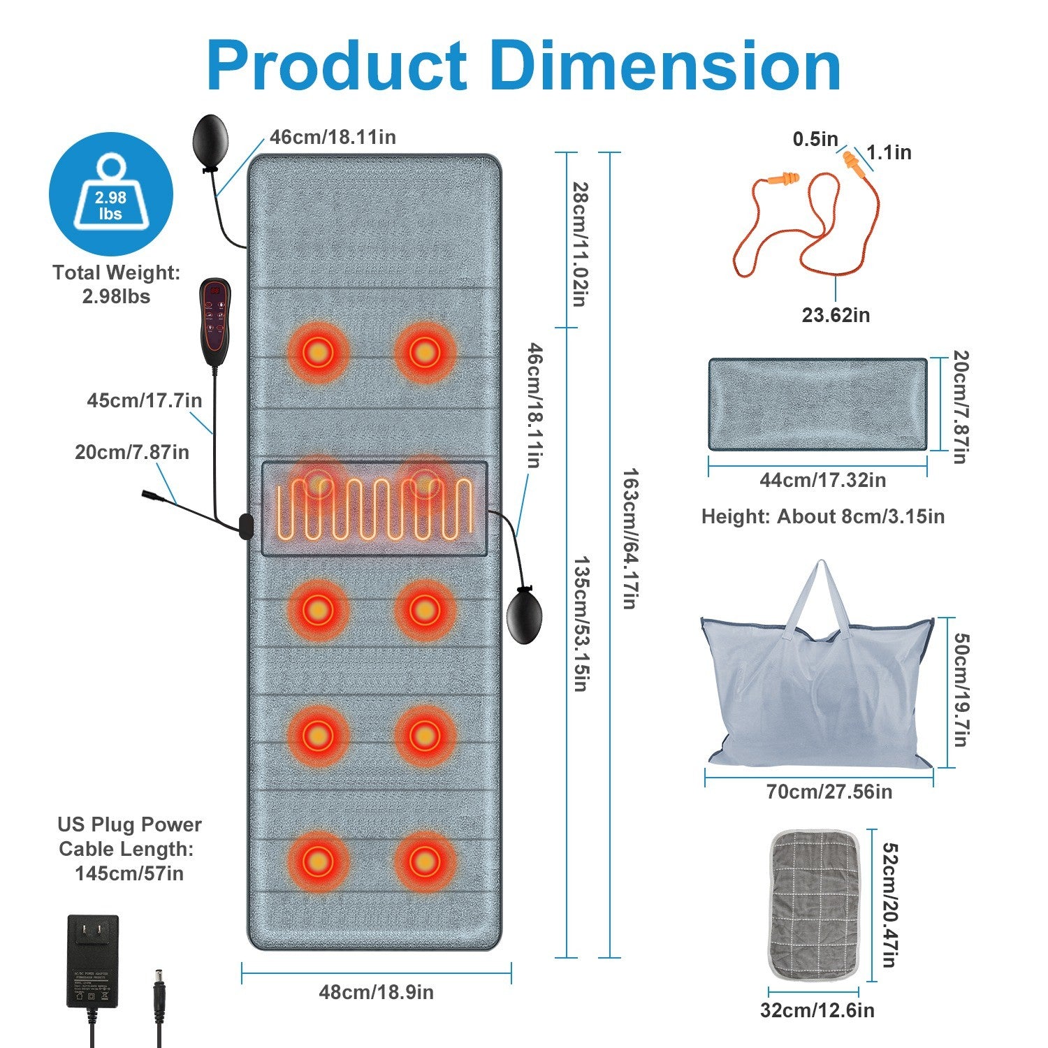 Full Body Electric Massage Mat W/Heat Vibration Massage Pad Cushion Back Massage