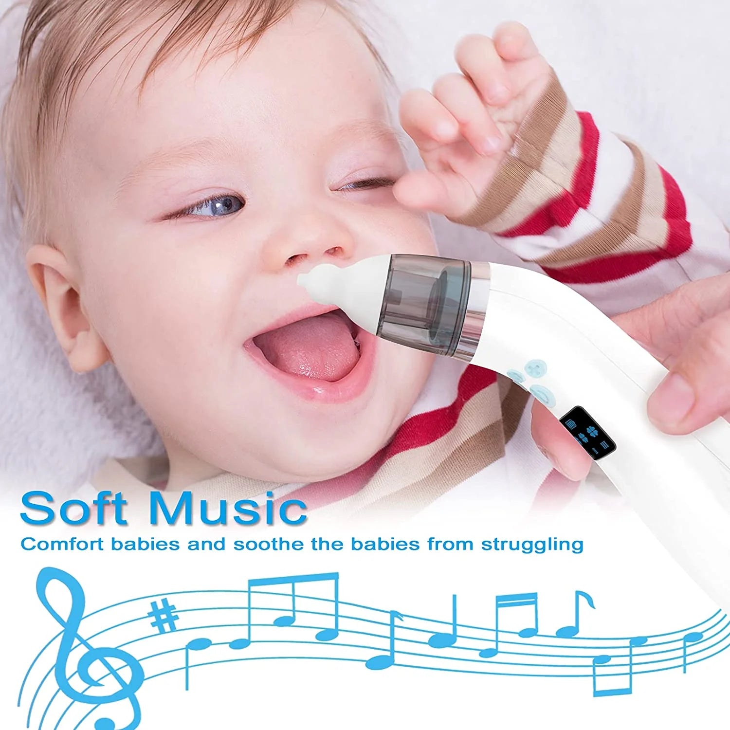 Baby Nasal Aspirator - Electric Music Infant Nose Nasal Aspirator - Automatic Booger Mucus Remove Cleaner for Newborn Kid with 4 Replacement Nozzles - 3 Suction Power Adjustable - USB Charging