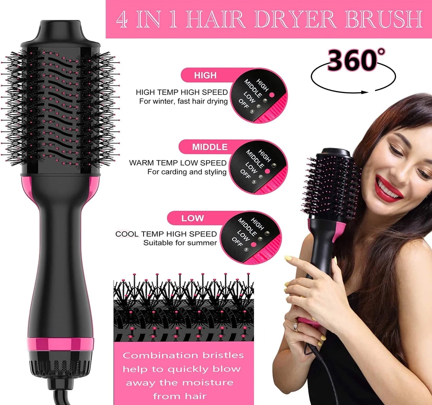 Hair Dryer Brush,Hot Air Brush,4 in 1 One Step Hair Dryer and Styler Volumizer with Negative Ion for Drying, 3 Heating Levels,Ceramic Heating (PTC) Technology, for All Hair Types