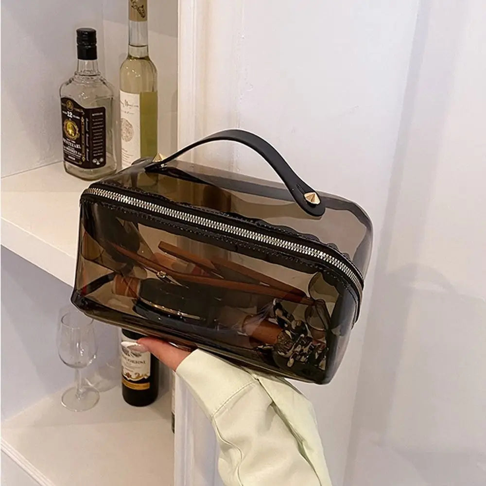 Large Capacity Transparent Makeup Bag Pillow Shape Top Handle Portable Cosmetic Pouch Zipper Closure Easy Carry-On